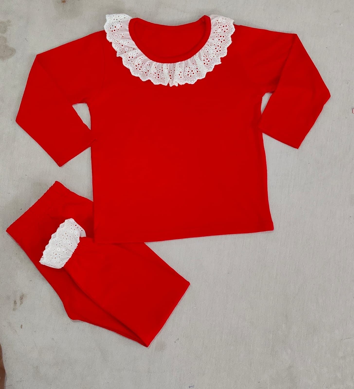 Red Frill Cotton PJs – Adults